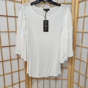 DG2 Diane Gilman White Lace Trim Bell Sleeve Blouse Top NWT